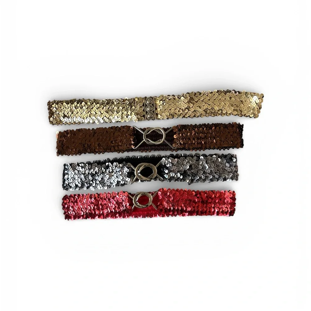 Vintage Sequin stretch Belts Gold, Brown, Silver, Red retro